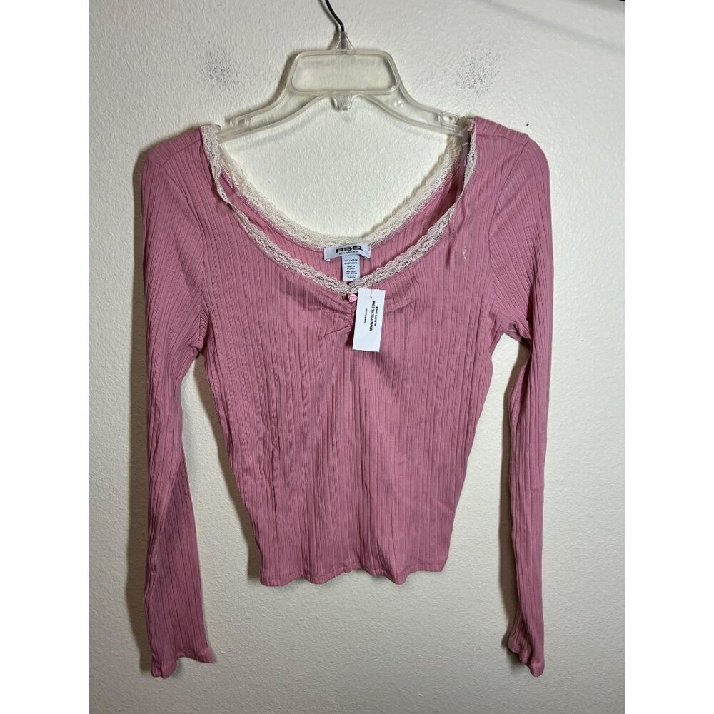 NWT RSQ Long Sleeve T-Shirt Boho Ribbed Lace Trim Cottage Pink Size XXL Juniors